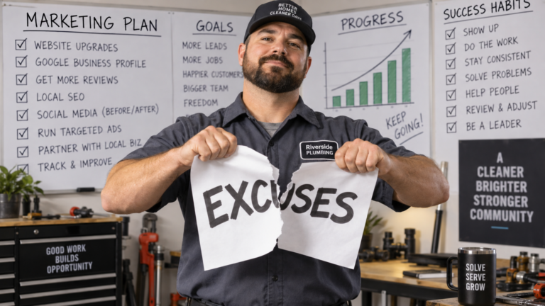 Service business owner tearing up an ‘Excuses’ sign in front of a marketing plan.