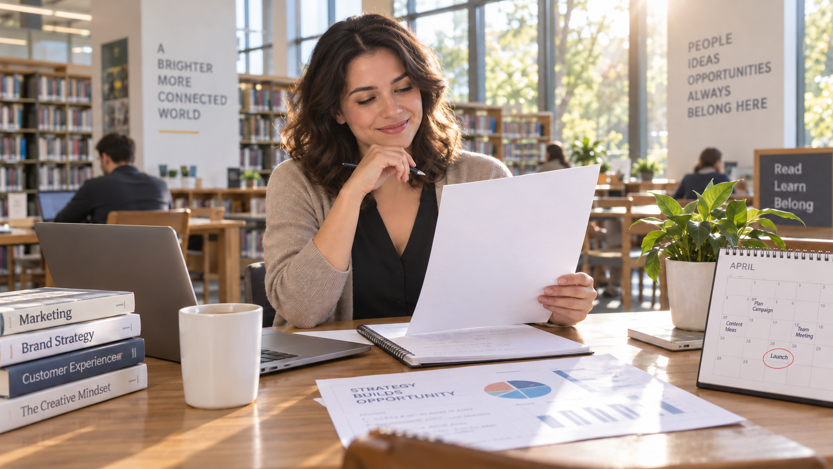 Service business owner reviewing a weekly marketing plan in a library